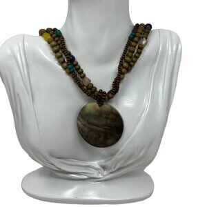 Three Strand Necklace Wood  and‎ Colored Beads Mother of Pearl Pendant